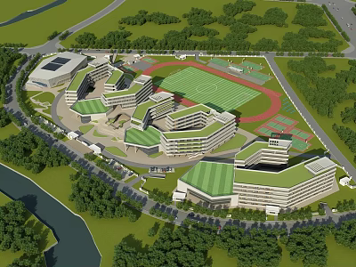 Modern School Buildings With Green Roofs Sports Field And River Surrounded By Trees 3d model