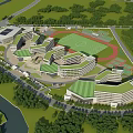 Modern School Buildings With Green Roofs Sports Field And River Surrounded By Trees