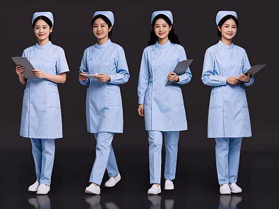 Group of Female Nurses in Blue Nursing Uniforms Holding Clipboards Standing Together 3d model