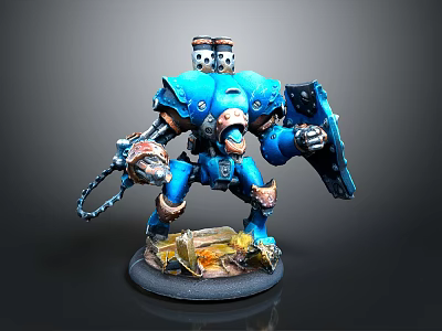 Blue Armored Robot Warrior Game Movie Character With Shield Chain Weapon And Yellow Base Details 3d model