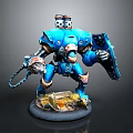 Blue Armored Robot Warrior Game Movie Character With Shield Chain Weapon And Yellow Base Details