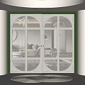 Elegant Double Doors with Arched Ribbed Glass Panels and White Frames 3d model