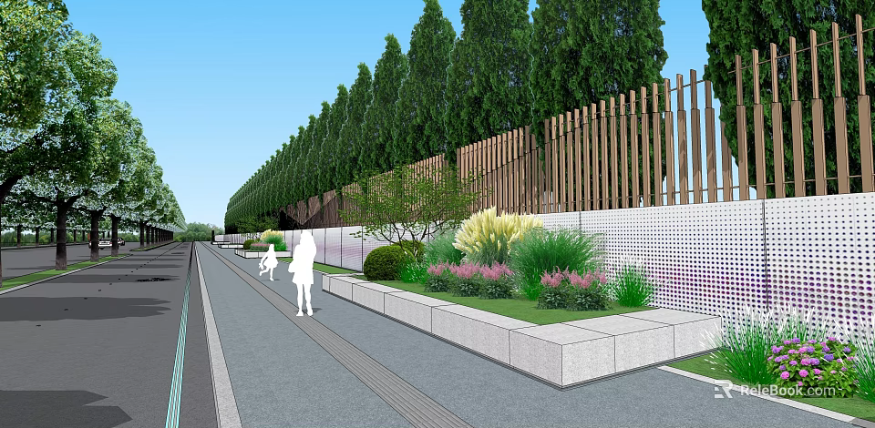 Urban Green Path With Trees Wooden Fence Flower Beds And Pedestrians 3d model 