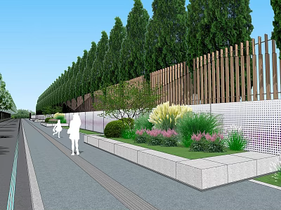 Urban Green Path With Trees Wooden Fence Flower Beds And Pedestrians 3d model