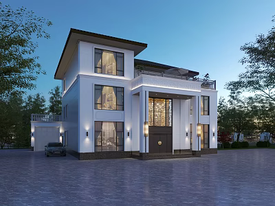 Modern Detached Villa Exterior Design With Courtyard Lighting And Parking Space 3d model