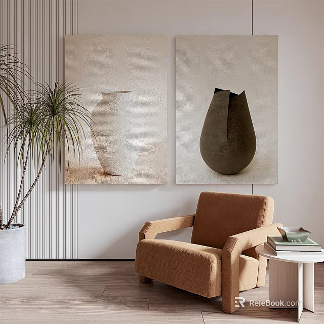 Modern Brown Single Seater Sofa With Side Table Books Wall Artworks And Indoor Plant 3d model 