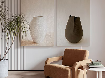 Modern Brown Single Seater Sofa With Side Table Books Wall Artworks And Indoor Plant 3d model
