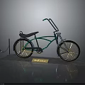 Vintage Green Bicycle With Black Seat Spoked Wheels Parked With Chain Yellow Sign And Dark Background Reflection