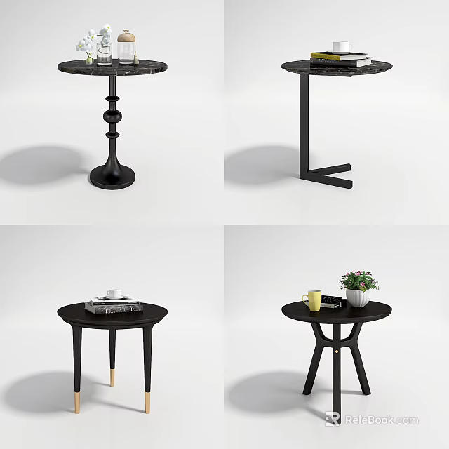 Modern Black Round Side Tables With Books Plants And Cup Decor 3d model