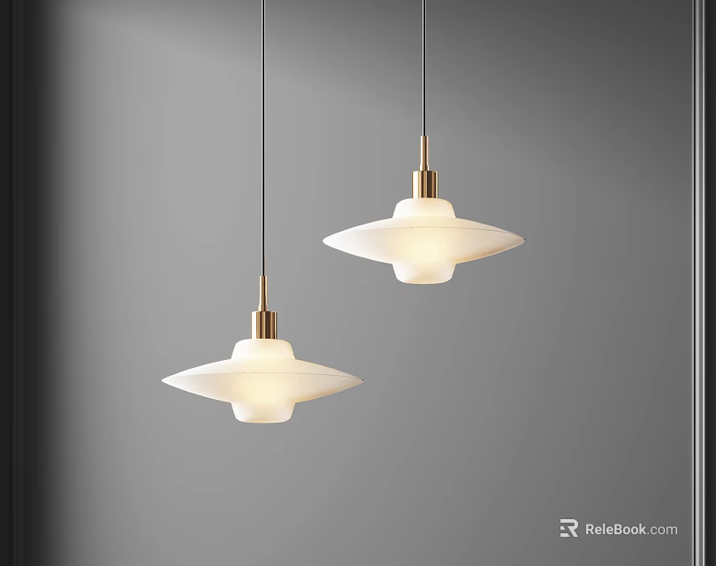 Two Modern Pendant Chandeliers with Frosted Glass Shades and Golden Metal Bases 3d model 