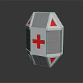 Gray And Red Medical Container With Red Cross Symbol And Geometric Design