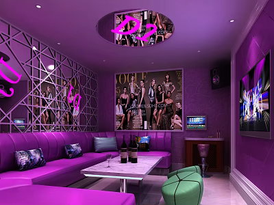 Stylish Purple KTV Lounge Interior With Neon Lights Wall Art And Comfortable Sofas 3d model