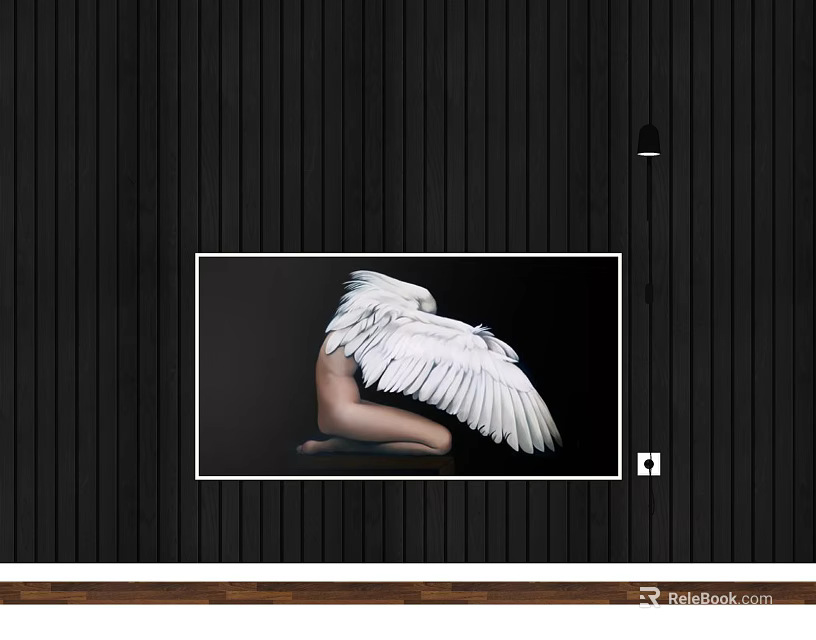 Black and White Person Portrait with White Wings Back View on Vertical Striped Wall 3d model 