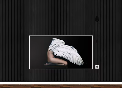 Black and White Person Portrait with White Wings Back View on Vertical Striped Wall 3d model