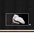 Black and White Person Portrait with White Wings Back View on Vertical Striped Wall