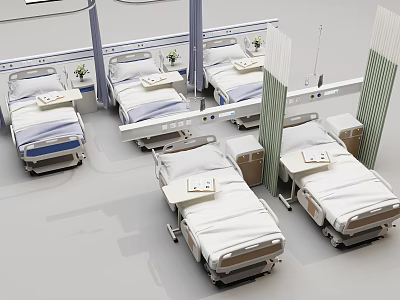 Modern Hospital Ward Featuring Multiple Medical Beds With Bedside Tables And Plants 3d model