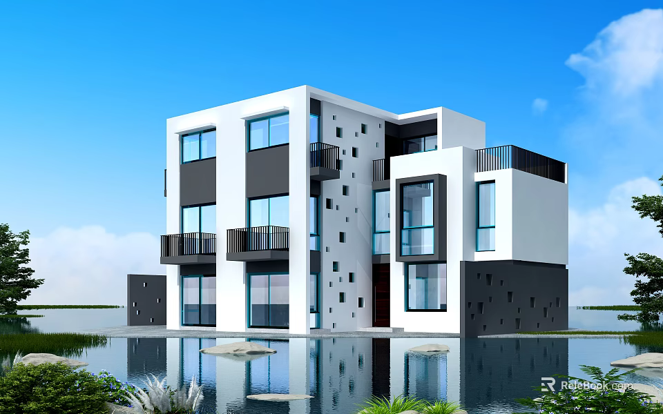 Modern White Detached Villa with Black Accents Multiple Windows Balconies and Water Reflection 3d model 