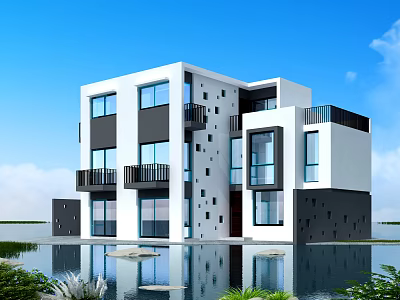 Modern White Detached Villa with Black Accents Multiple Windows Balconies and Water Reflection 3d model
