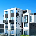 Modern White Detached Villa with Black Accents Multiple Windows Balconies and Water Reflection