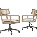 Wooden Frame Office Chair With Woven Backrest White Cushion And Black Wheeled Base