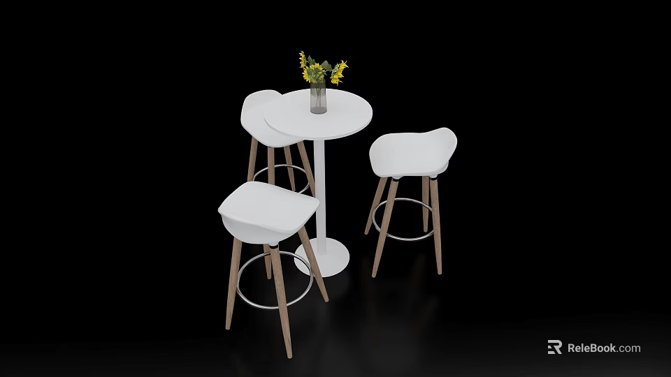 White Round Business Negotiation Table and Chairs with Wooden Legs Vase and Yellow Flowers 3d model 
