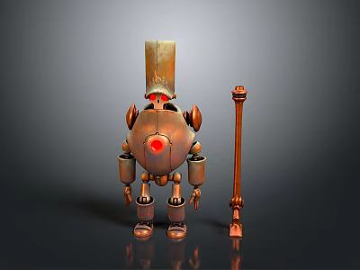 Mechanical Robot Character With Red Orb And Wooden Head Next To Staff 3d model