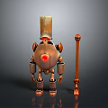 Mechanical Robot Character With Red Orb And Wooden Head Next To Staff