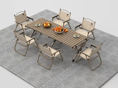 Sturdy Wooden Outdoor Table with Fruit Bowl Cups and Six Folding Chairs 3d model