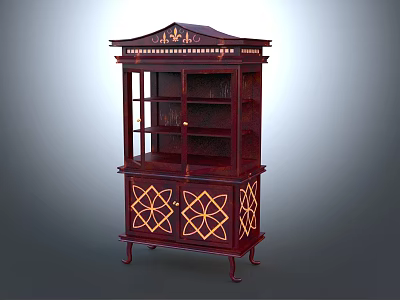 Dark Red Classic Cabinet With Glass Doors And Carved Patterns On Drawers 3d model