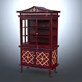 Dark Red Classic Cabinet With Glass Doors And Carved Patterns On Drawers