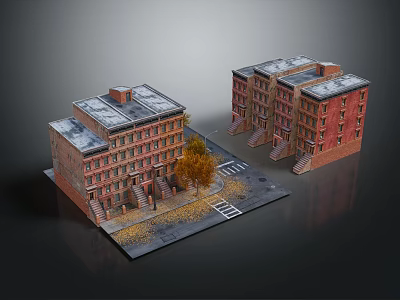 Red Brick Apartment Buildings With Gray Roofs Street Scene Trees And Fallen Leaves 3d model