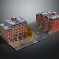 Red Brick Apartment Buildings With Gray Roofs Street Scene Trees And Fallen Leaves