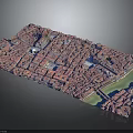 Modern City Model Aerial View With Red Rooftops Dense Buildings River And Landmark Structure
