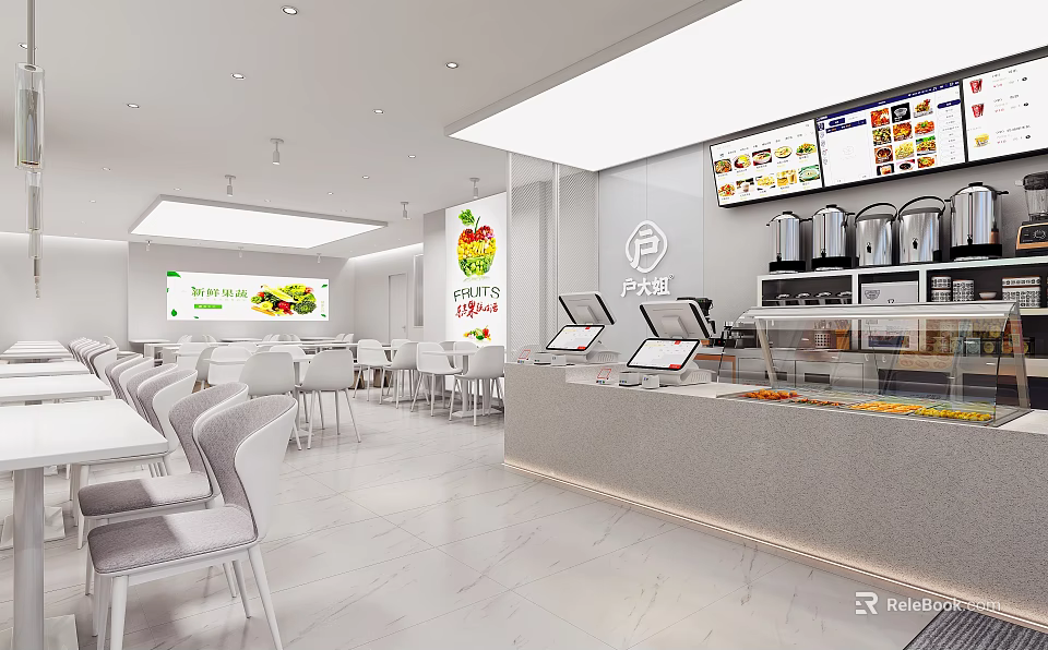 Modern Restaurant Interior Design With White Tables Chairs Order Counter And Menu Screens 3d model 