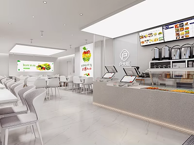 Modern Restaurant Interior Design With White Tables Chairs Order Counter And Menu Screens 3d model