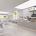 Modern Restaurant Interior Design With White Tables Chairs Order Counter And Menu Screens
