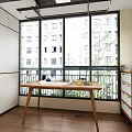 Modern Home Balcony Interior Design With White Cabinets Wooden Table And Large Windows