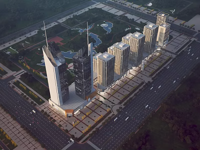 Aerial Planning of Urban High Rise Buildings Roads Green Areas and Parking Lots 3d model