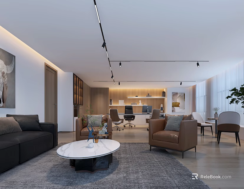 Modern Office Interior With Sofa Coffee Table Workspace Bookshelf And Ceiling Lighting 3d model