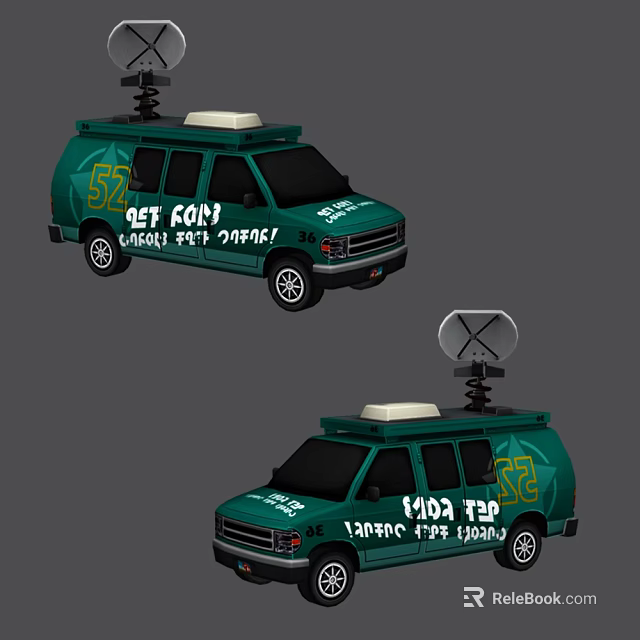 52 Green Cargo Van With GET GOIN Rental Service And Roof Equipment 3d model 
