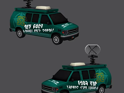 52 Green Cargo Van With GET GOIN Rental Service And Roof Equipment 3d model