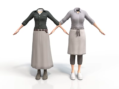 Woman Showcasing Different Outfits With Tops Skirts Pants Belts Aprons And Shoes 3d model