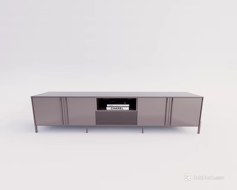 Modern Gray TV Stand With Cabinet Doors And Open Media Storage Compartment 3d model 