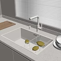 Kitchen Sink With White Faucet Wooden Cutting Board Lemons And Stacked Bowls