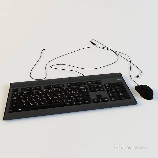 Wired Black Computer Keyboard And Mouse With Cable On White Background 3d model