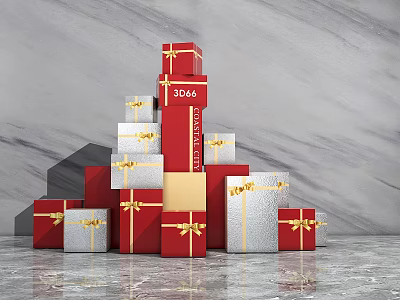 Stacked Red And Silver Gift Boxes With Gold Ribbons And 3066 Label 3d model