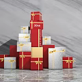 Stacked Red And Silver Gift Boxes With Gold Ribbons And 3066 Label