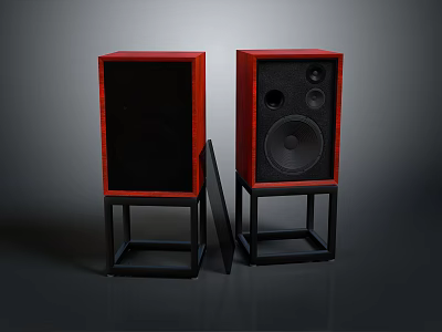 Pair of Red Wooden Audio Speakers With Black Stands And Front Panels 3d model