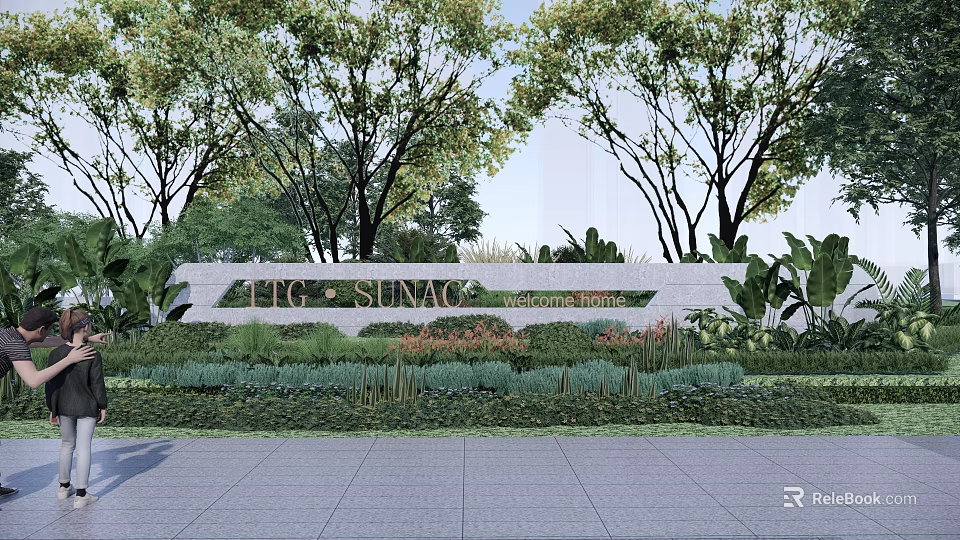 ETC SUNAC Feature Wall Surrounded By Green Plants Trees And Lawn In Landscape Design 3d model 