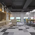Modern Public Office Space With Workstations Blue Chairs Unique Pendant Lights And Fitness Equipment